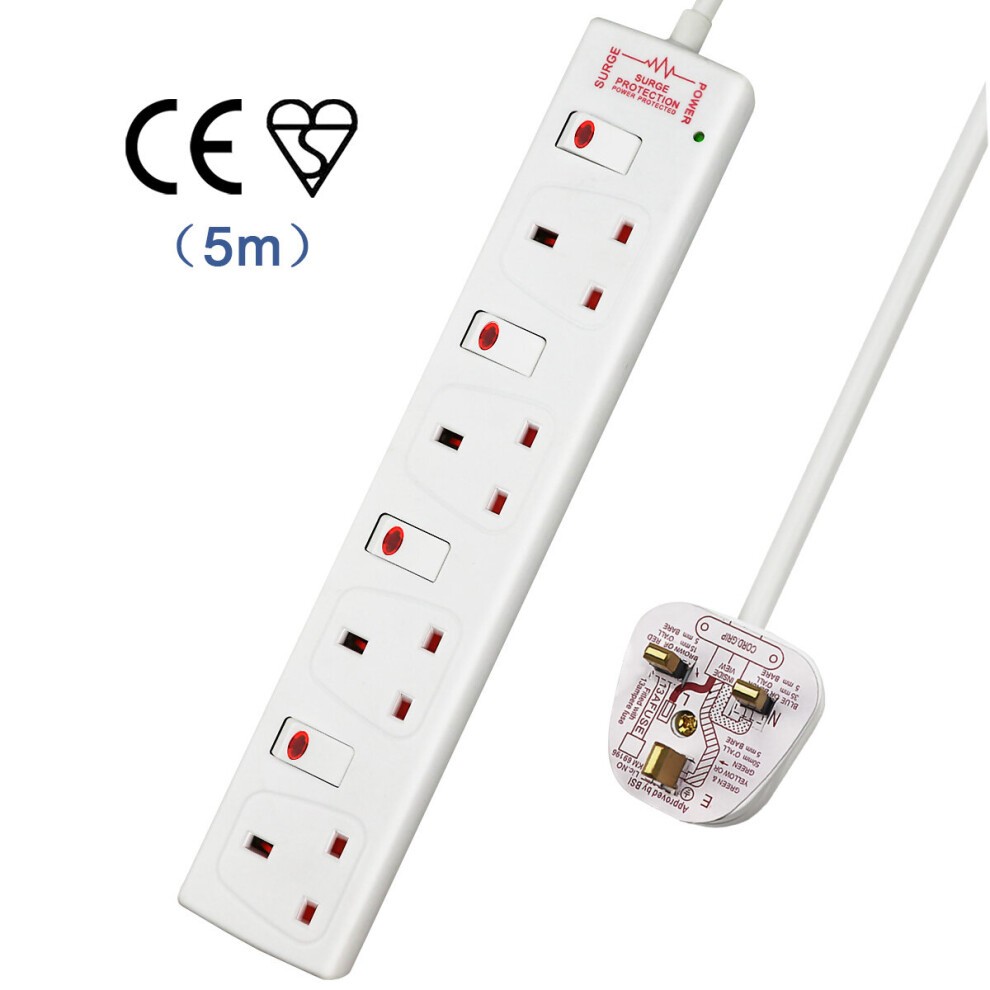 White 4-way socket with 13A rating, 5-meter cord, individual switches, indicator light, and surge indicator, featuring a compact design and CE certification.