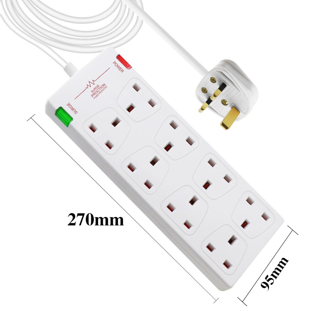 White 8-gang surge-protected extension lead with a 5-meter cable, featuring a power indicator, surge protection switch, and UK plug, measuring 270mm by 95mm.
