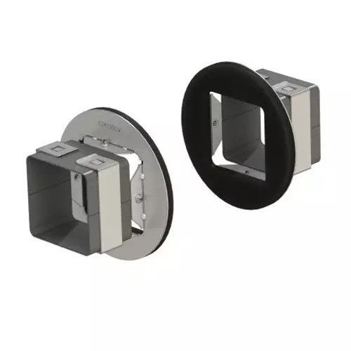 EZPTH EZ-Path S33 1G Wall Plate features a round black outer frame with a silver inner housing, designed for cable management with two square openings for easy access.