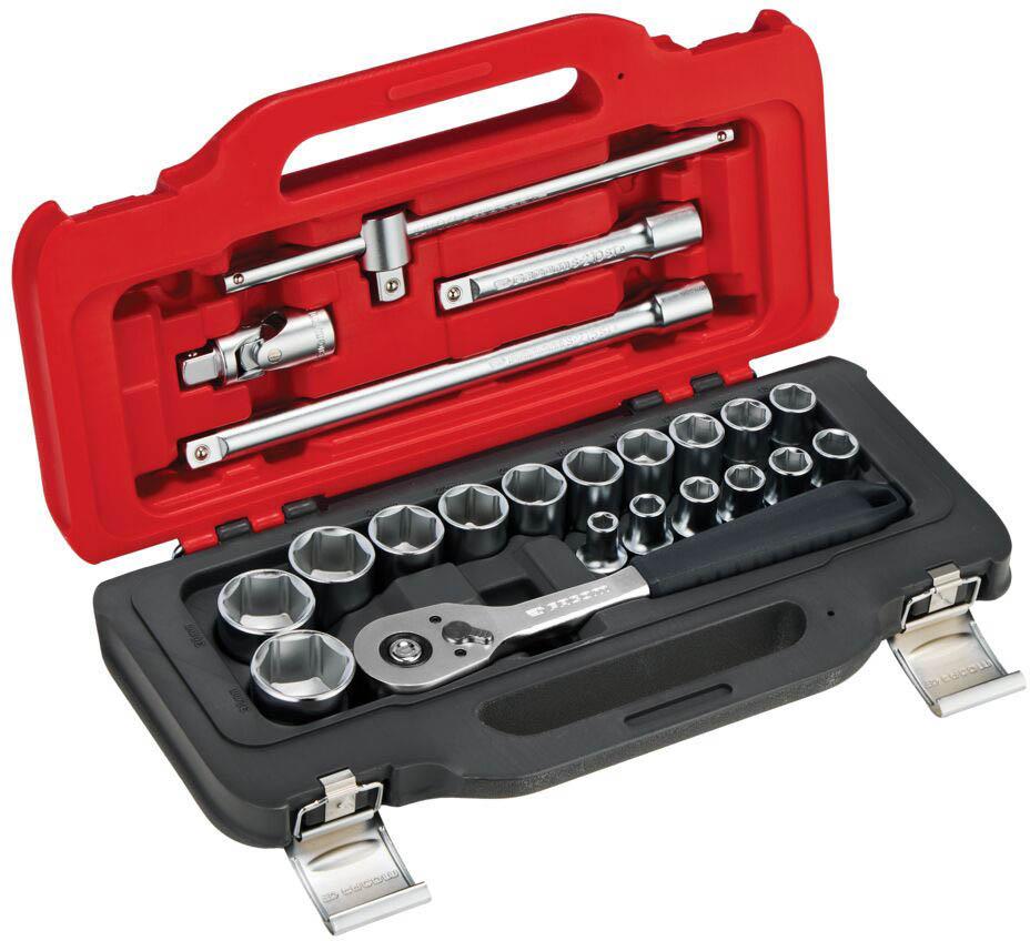 Facom 1/2 in. socket set, 22 pieces in a red and black plastic case with ratchet, extensions, and various sockets.