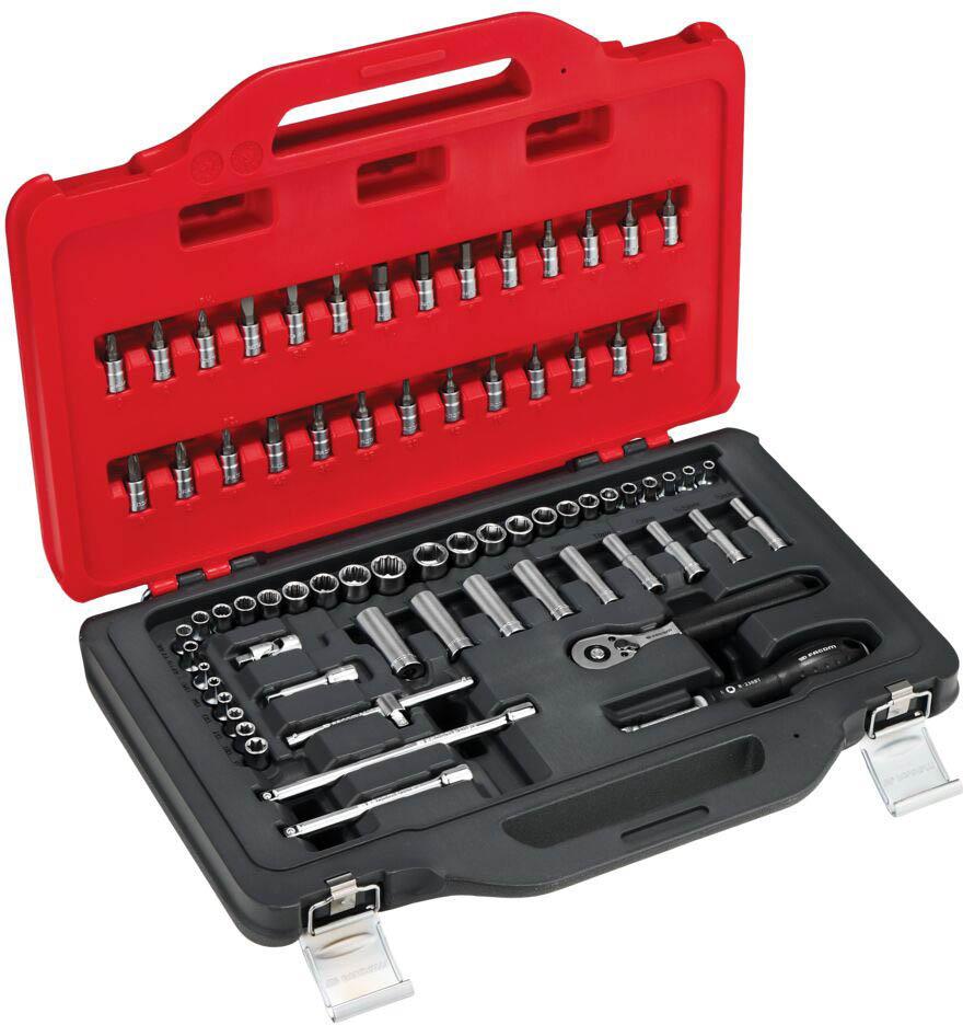 Red and black Facom 1/4 in. socket set with 72 pieces, including sockets, ratchet, and extensions in a molded case.