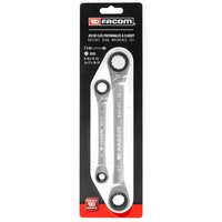 Facom 2 Piece Quatro Ratchet Ring Spanner Set, silver, with dual-ended ratchet heads on black and red packaging.