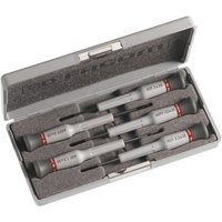 Set of 5 Facom Micro-Tech screwdrivers with gray handles in a gray foam-lined case.
