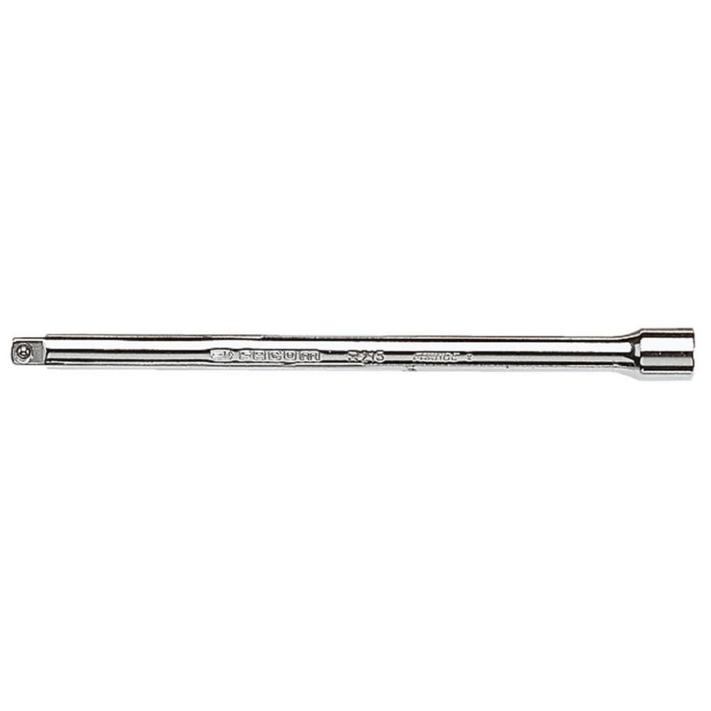 Polished chrome extension bar, 250mm long, with a 3/8 inch drive socket end, featuring engraved markings for size and brand identification.