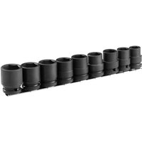 Set of 9 black Facom impact sockets, 13 to 24mm, on a metal rail, cylindrical design with hexagonal openings.