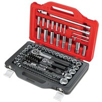 Facom socket set with red case, includes 1/4In and 1/2In drive sockets, ratchets, and extensions, 100 pieces total.