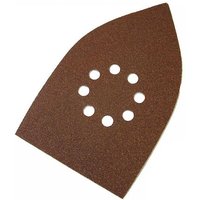Brown Faithfull multi-sander sheet, hook and loop backing, fine grit, teardrop shape with seven circular holes.