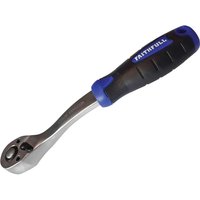 Silver Faithfull 1/4" drive ratchet with 72-tooth mechanism, black and blue ergonomic handle, quick release button.