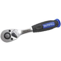Faithfull 1/4" drive quick release ratchet with black rubber grip and blue accents on handle.