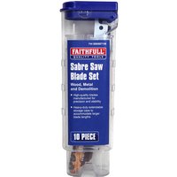 Faithfull 10 Piece Reciprocating Sabre Saw Blade Set in a clear plastic case with blue label and red branding.