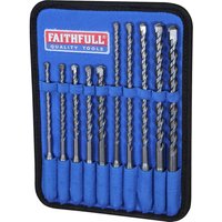 Faithfull 10 Piece SDS Plus Drill Bit Set in blue fabric case with red logo, featuring various silver drill bits.