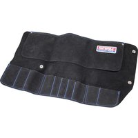 Black Faithfull 10 Pocket Leather Tool Roll with blue stitching and snap closures.