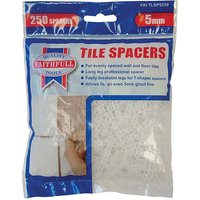 Bag of 250 Faithfull 5mm long leg tile spacers, white plastic, in clear packaging with blue and red branding.
