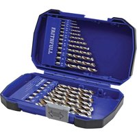 Blue Faithfull 19 piece HSSE M35 cobalt drill bit set in open plastic case with organized slots.