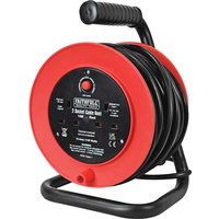 Faithfull 2 Socket Cable Extension Reel 240v, red and black with a sturdy handle and two sockets on the front panel.
