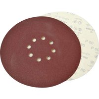 Red Faithfull 225mm drywall sanding disc with eight holes, paired with a white disc showing grit details.