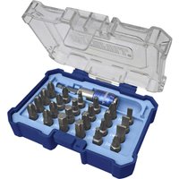 Faithfull 25 piece quick change screwdriver bit set in blue case with clear lid, featuring various metal bits.
