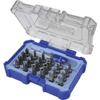 Faithfull 25 Piece Security Screwdriver Bit Set in blue plastic case with clear lid, various bit types neatly arranged.