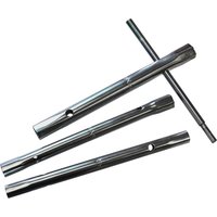 Faithfull 3 Piece Monobloc Box Spanner Set, silver metal spanners with cylindrical shape and holes for T-bar insertion.