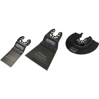 Faithfull 3 Piece OIS Oscillating Multi Tool Blade Set, includes straight, wide, and semicircular black blades.