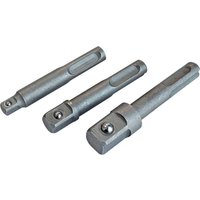 Faithfull 3 Piece SDS Plus to Square Drive Adaptor Set, silver metal adaptors with round and square ends.
