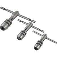 Faithfull 3 Piece Tap Wrench Set, silver metal with T-shaped handles and adjustable jaws in three sizes.