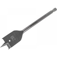Faithfull 28mm flat drill bit with sharp spade tip and hex shank, engraved with size and brand name.