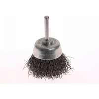 Faithfull wire brush with shaft mount, 70mm diameter, 25mm length, 0.30mm steel bristles, silver metal base.