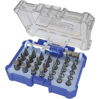 Faithfull 32 Piece Screwdriver Bit Set in blue plastic case with transparent lid, featuring various metal bits.