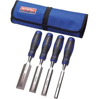 Faithfull 4 Piece Bevelled Wood Chisel Set with blue handles and storage pouch.
