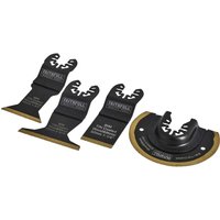 Faithfull 4-piece titanium blade set for oscillating multi-tools, includes straight and curved blades with black finish.