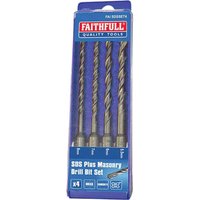 Faithfull 4 Piece SDS Plus Drill Bit Set in blue packaging with four silver spiral masonry bits.