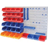 Faithfull wall storage set with red, blue, and yellow bins on a gray panel.