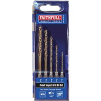 Faithfull 5 Piece HSSE M35 Cobalt Impact Drill Bit Set in blue packaging with clear front, showing five gold drill bits.