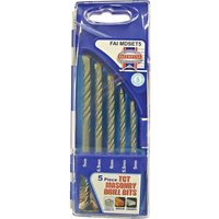 Faithfull 5 Piece Masonry Drill Bit Set in blue plastic case with transparent cover, featuring various sized bits.