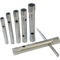 "Silver Faithfull 6 Piece Box Spanner Set with hexagonal ends and side holes, includes T-bar handle for added leverage"