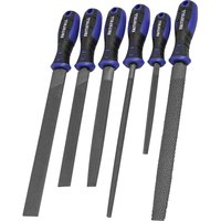 Faithfull 6 Piece File and Rasp Set with blue and black handles in a clear plastic tool roll.