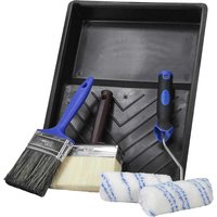 Black paint tray with blue-handled brushes, roller frame, and white rollers with blue stripes.
