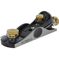 Black and silver Faithfull 60 1/2 block plane with brass adjustment knobs and a sleek curved design.