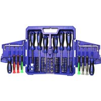 Blue Faithfull 63 piece fold-out screwdriver and bit set with assorted handles and bits in a plastic case.