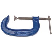 Blue Faithfull heavy-duty G-clamp, 200mm size, with a threaded screw and swivel pad for secure clamping.