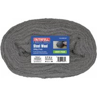 Gray Faithfull steel wool roll, very fine grade, 200g, with blue and red label detailing product information.
