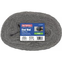 Gray Faithfull steel wool roll, 200g, fine grade, with red and blue label detailing product information.
