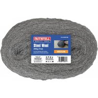 Gray Faithfull steel wool pad, medium grade, 200g, with blue and orange label detailing product information.