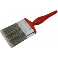 Red-handled Faithfull 7500330 Superflow 75mm synthetic paint brush with silver ferrule and soft bristles.