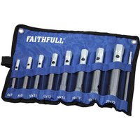 Faithfull 8 Piece Box Spanner Set in blue roll with silver spanners of varying sizes neatly organized in pockets.