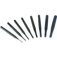 Faithfull 8 Piece Pin Punch Set with black steel punches in varying sizes, tapered ends, and cylindrical handles.