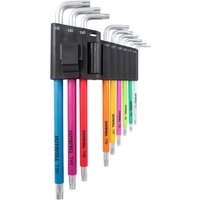 Faithfull 9 Piece Colour Coded Torx Star Key Set with L-shaped keys in a black holder, each key a different bright color.