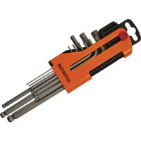 Orange Faithfull 9 piece long ball end hexagon Allen key set with black holder and metric sizes.