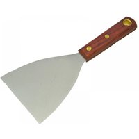 Faithfull 100mm filling knife with a wide stainless steel blade and a wooden handle featuring brass rivets.